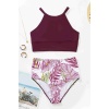 Yüksek Bel Baskılı Tankini Bikini Takım Bordo