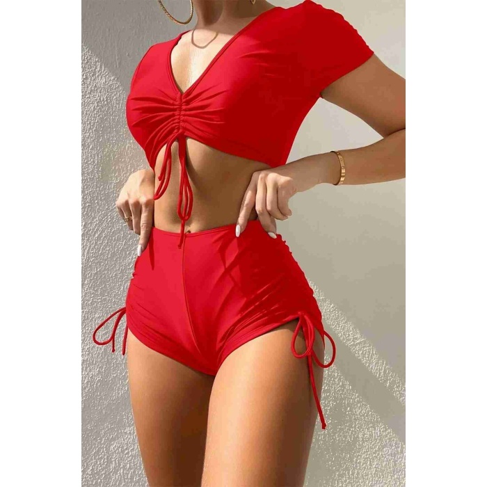 Özel tasarım Yarım Kol Büzgü Detaylı Bikini Üstü Kırmızı