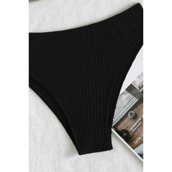 Özel Fitilli Kumaş Yüksek Bel Tankini Bikini Takım Siyah