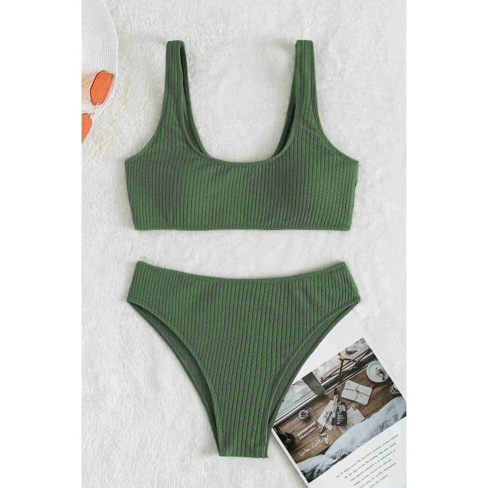 Özel Fitilli Kumaş Tankini Bikini Üstü Yeşil
