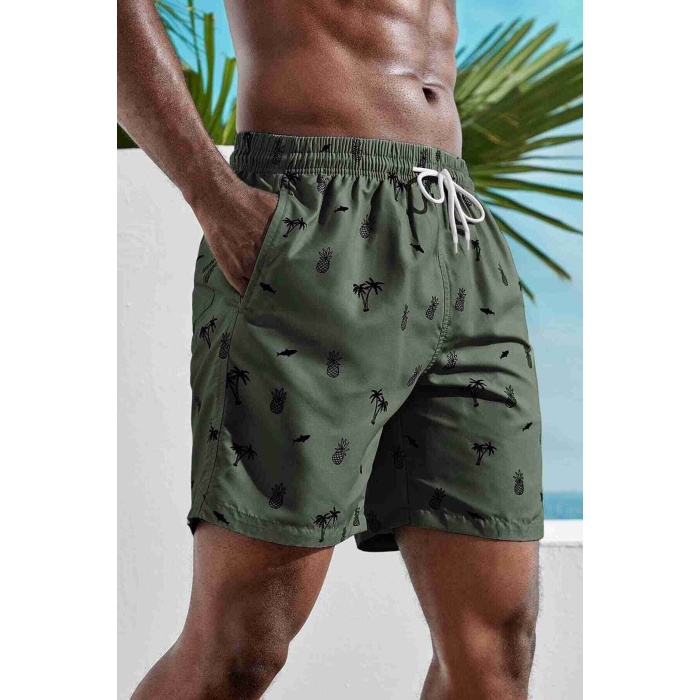 Erkek Basic Standart Boy Ananas ve Palmiye Baskılı Mayo Cepli Deniz Şortu Yeşil