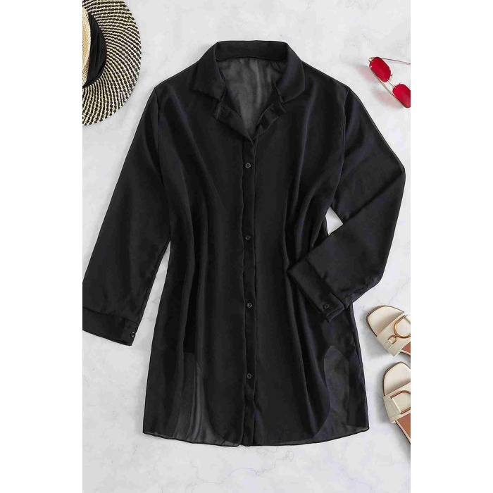 Şifon Gömlek Plaj Elbisesi Pareo Kimono Kaftan Siyah