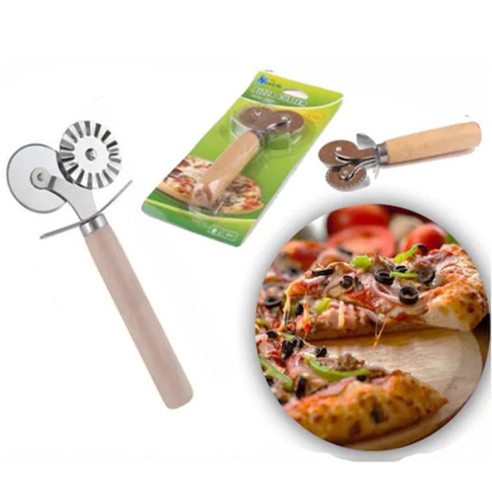 Bambu Saplı Pizza Kesici, Hamur Ruleti, 2 Bıçaklı Pratik Pizza Hamur Kesici