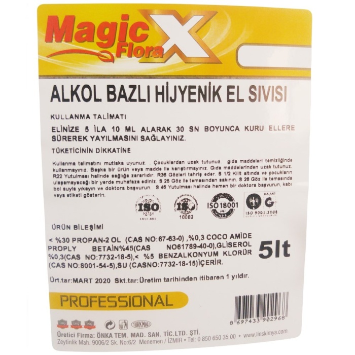 El Dezenfektanı 5 LT Magic Flora X , Alkol Bazlı Hijyenik El Sıvısı 