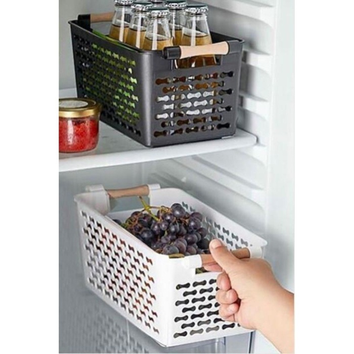 Buzdolabı Düzenleyici (1 Adet), Ahşap Saplı Plastik Düzenleyici Sepet