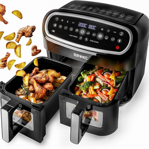 Duronic AF24 Ikili Xxl Sıcak Hava Fritözü, 9 Litrelik Büyük Iki Bölmeli Aile Boyu Xxl Airfryer, 2400W, 10 Önceden Ayarlanmış Yemek Programı, Dijital Dokunmatik Kontrol, Hızlı, Sağlıklı, Yağsız Pişirme