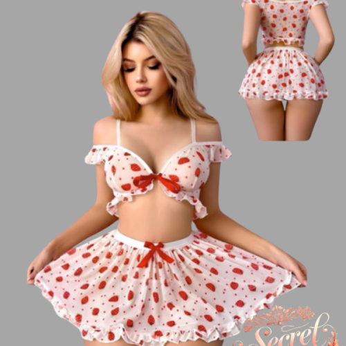SECERTLACE çilek desenli mini boy Fantezi elbise