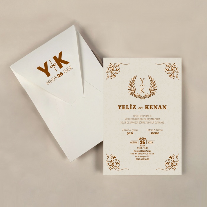 Krem Zarflı Davetiye -KR27110
