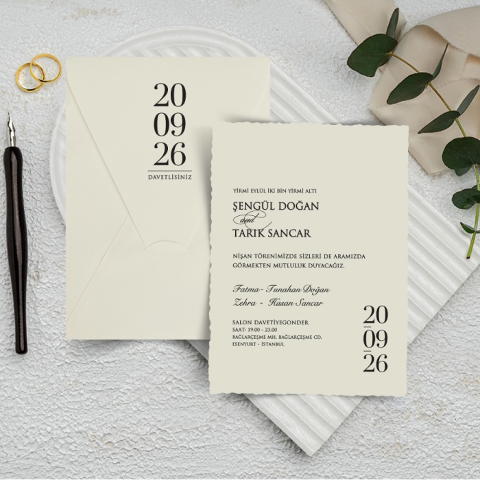 Krem Zarflı Dikey Düğün Davetiyesi - 1042