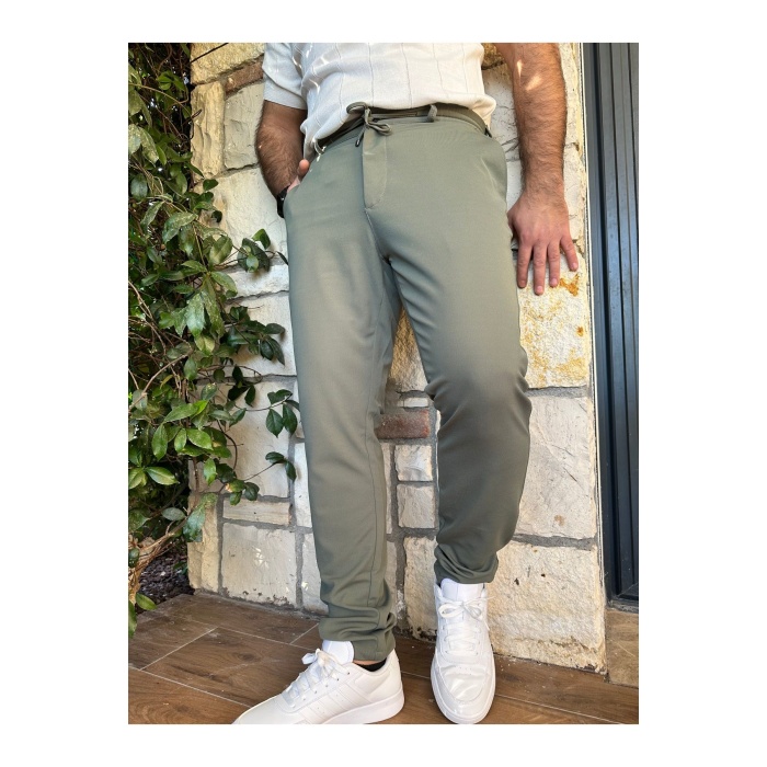 Erkek Jogger Pantolon Yeşil Italyan Kesim, Beli Kemerli Lastikli Bağcıklı Yüksek Kaliteli