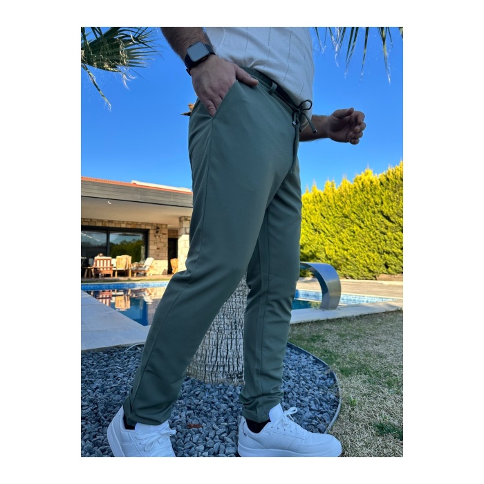 Erkek Jogger Pantolon Yeşil Italyan Kesim, Beli Kemerli Lastikli Bağcıklı Yüksek Kaliteli