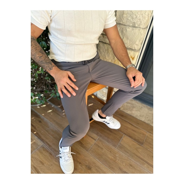 Erkek Jogger Pantolon Füme Italyan Kesim Beli Kemerli Lastikli Bağcıklı Yüksek Kaliteli
