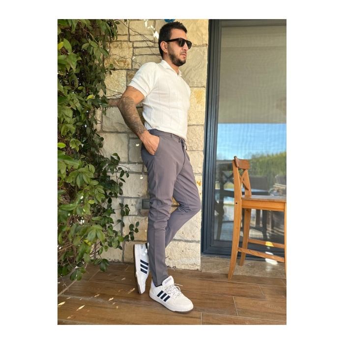 Erkek Jogger Pantolon Füme Italyan Kesim Beli Kemerli Lastikli Bağcıklı Yüksek Kaliteli