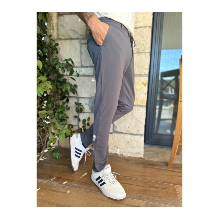 Erkek Jogger Pantolon Füme Italyan Kesim Beli Kemerli Lastikli Bağcıklı Yüksek Kaliteli