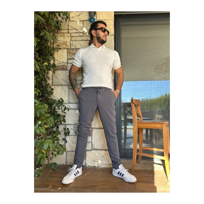 Erkek Jogger Pantolon Füme Italyan Kesim Beli Kemerli Lastikli Bağcıklı Yüksek Kaliteli