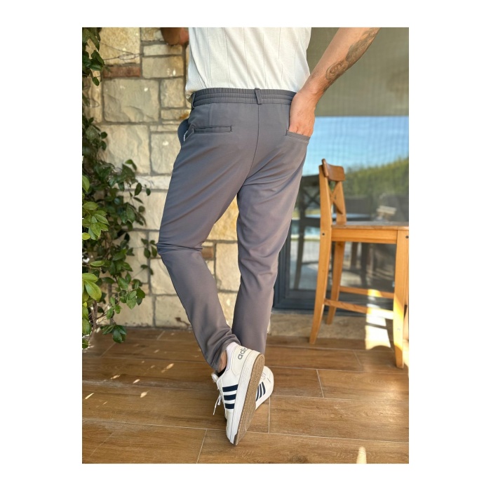 Erkek Jogger Pantolon Füme Italyan Kesim Beli Kemerli Lastikli Bağcıklı Yüksek Kaliteli