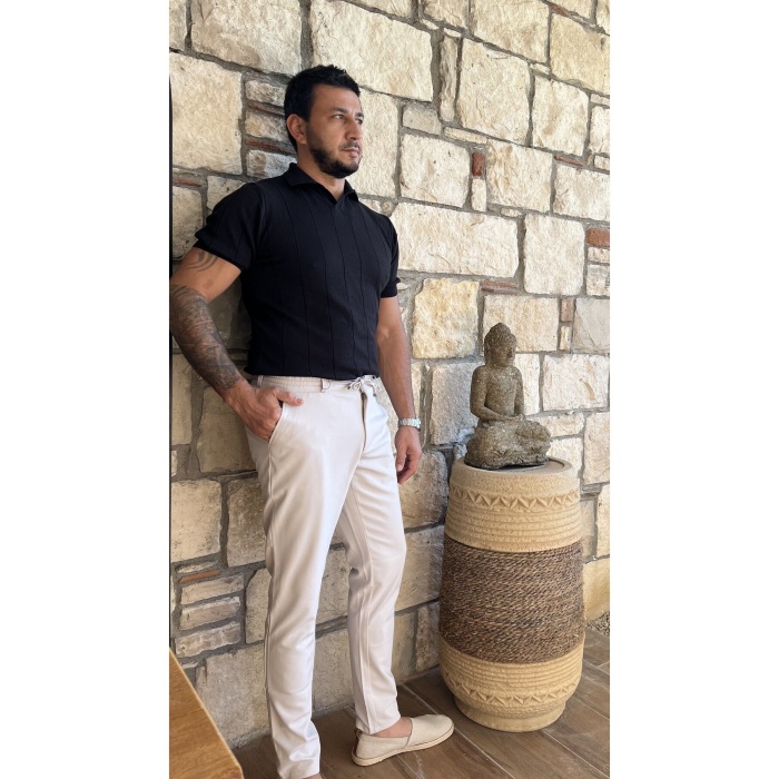 Erkek Jogger Pantolon Taş Renk Italyan Kesim, Beli Kemerli Lastikli Bağcıklı Yüksek Kaliteli