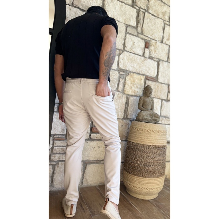 Erkek Jogger Pantolon Taş Renk Italyan Kesim, Beli Kemerli Lastikli Bağcıklı Yüksek Kaliteli