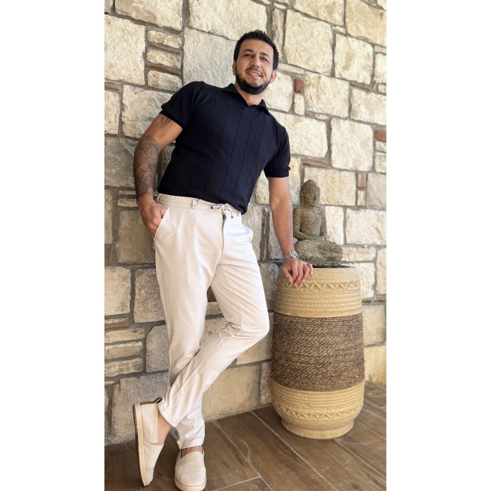 Erkek Jogger Pantolon Taş Renk Italyan Kesim, Beli Kemerli Lastikli Bağcıklı Yüksek Kaliteli