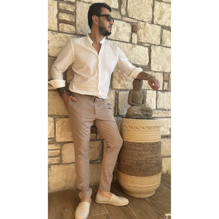 Erkek Jogger Pantolon Vizon Italyan Kesim, Beli Kemerli Lastikli Bağcıklı Düğmeli Yüksek Kaliteli
