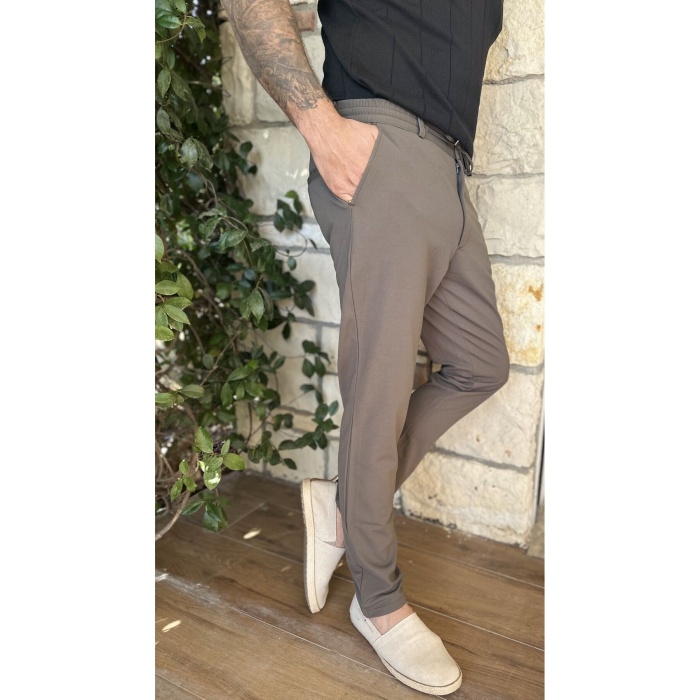 Erkek Jogger Pantolon Vizon Italyan Kesim, Beli Kemerli Lastikli Bağcıklı Düğmeli Yüksek Kaliteli