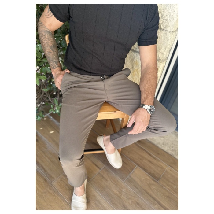Erkek Jogger Pantolon Vizon Italyan Kesim, Beli Kemerli Lastikli Bağcıklı Düğmeli Yüksek Kaliteli