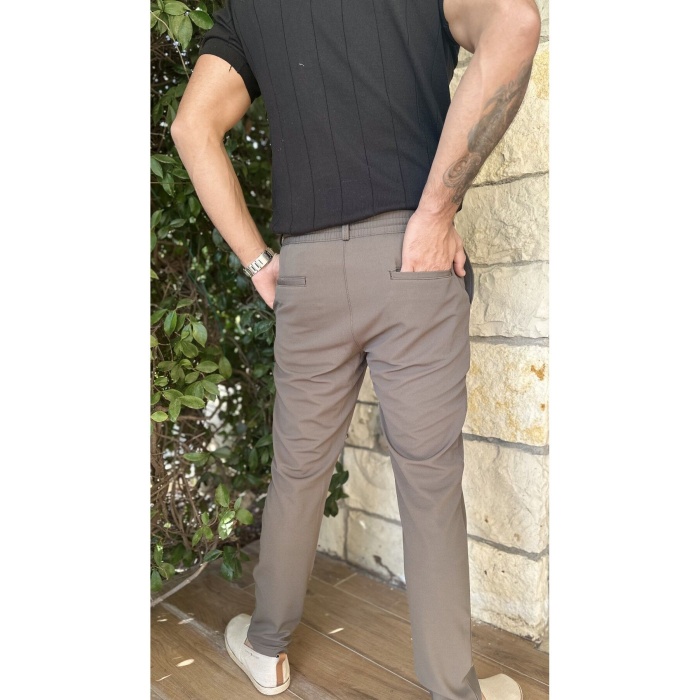 Erkek Jogger Pantolon Vizon Italyan Kesim, Beli Kemerli Lastikli Bağcıklı Düğmeli Yüksek Kaliteli