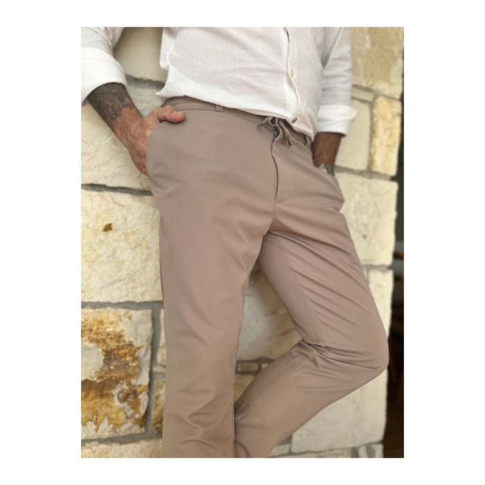 Erkek Jogger Pantolon Vizon Italyan Kesim, Beli Kemerli Lastikli Bağcıklı Düğmeli Yüksek Kaliteli