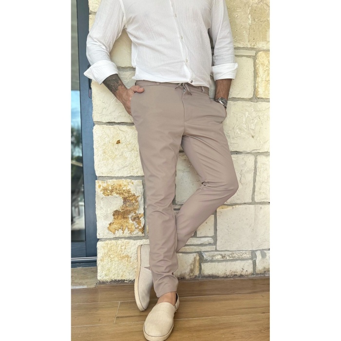Erkek Jogger Pantolon Vizon Italyan Kesim, Beli Kemerli Lastikli Bağcıklı Düğmeli Yüksek Kaliteli
