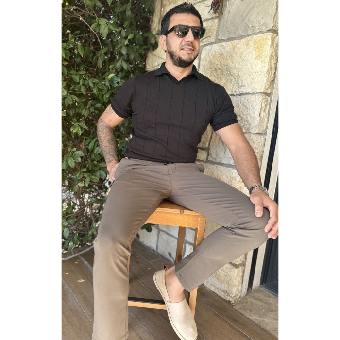 Erkek Jogger Pantolon Vizon Italyan Kesim, Beli Kemerli Lastikli Bağcıklı Düğmeli Yüksek Kaliteli
