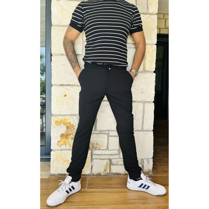 Erkek Jogger Pantolon Siyah Italyan Kesim,beli Kemerli Lastikli Bağcıklı Yüksek Kaliteli