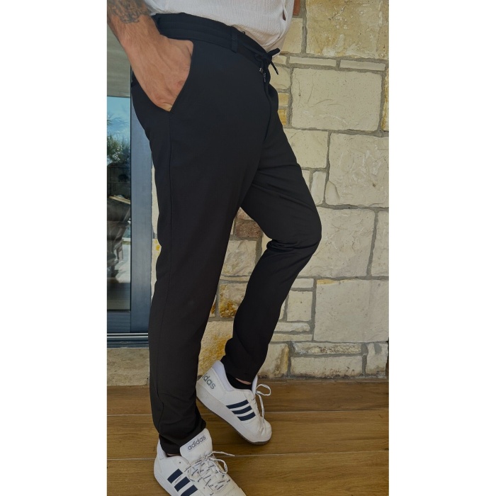 Erkek Jogger Pantolon Siyah Italyan Kesim,beli Kemerli Lastikli Bağcıklı Yüksek Kaliteli