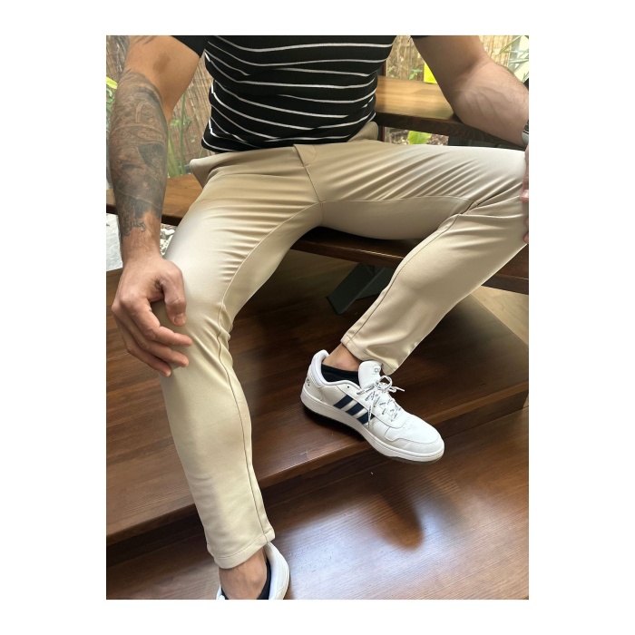 Erkek Jogger Pantolon Bej Beli Kemerli ,yarım Lastikli Bağcıklı Yüksek Kalite Joger