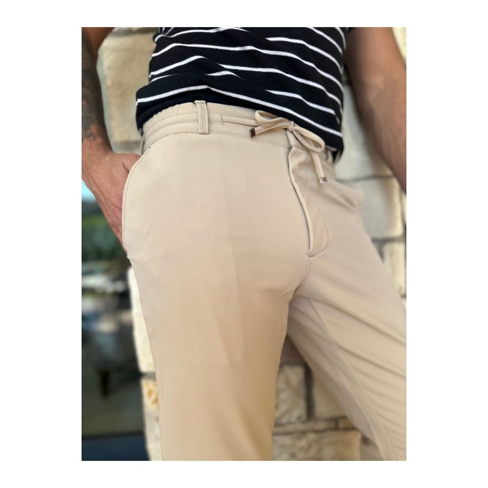 Erkek Jogger Pantolon Bej Beli Kemerli ,yarım Lastikli Bağcıklı Yüksek Kalite Joger
