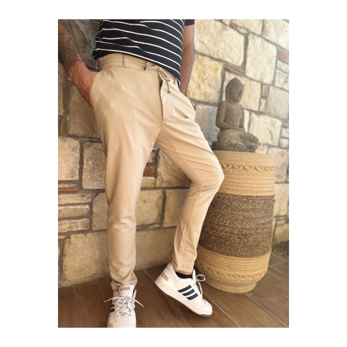 Erkek Jogger Pantolon Bej Beli Kemerli ,yarım Lastikli Bağcıklı Yüksek Kalite Joger