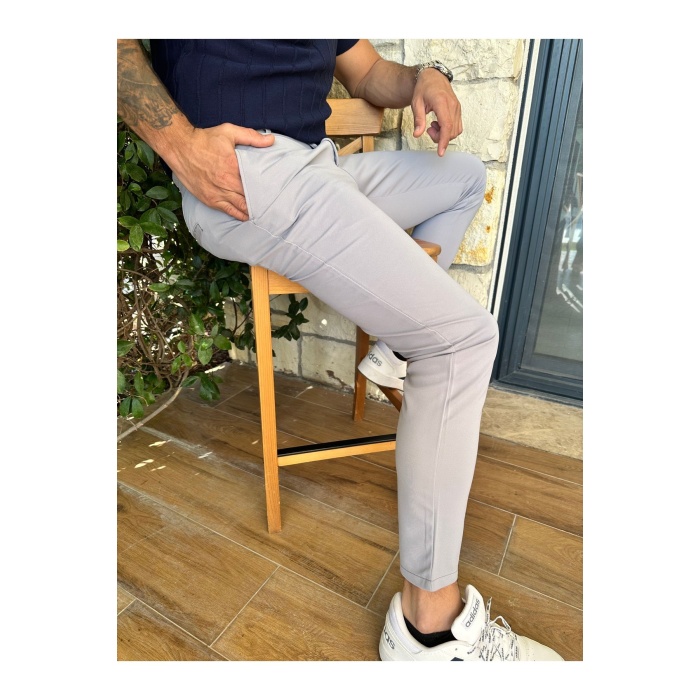Erkek Jogger Pantolon Açık Gri Italyan Kesim ,beli Kemerli Lastikli Bağcıklı Yüksek Kaliteli