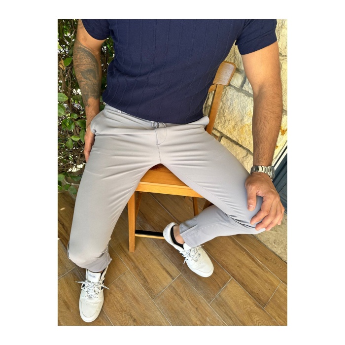 Erkek Jogger Pantolon Açık Gri Italyan Kesim ,beli Kemerli Lastikli Bağcıklı Yüksek Kaliteli