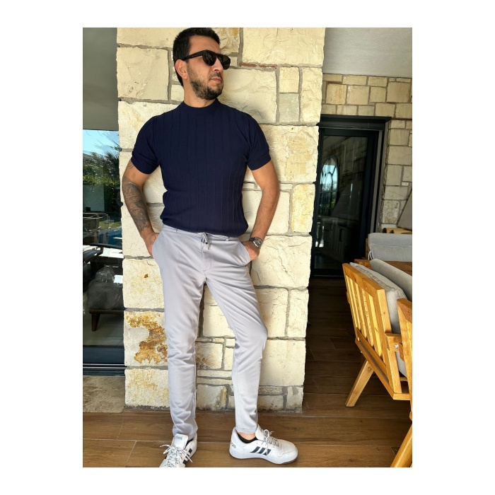 Erkek Jogger Pantolon Açık Gri Italyan Kesim ,beli Kemerli Lastikli Bağcıklı Yüksek Kaliteli