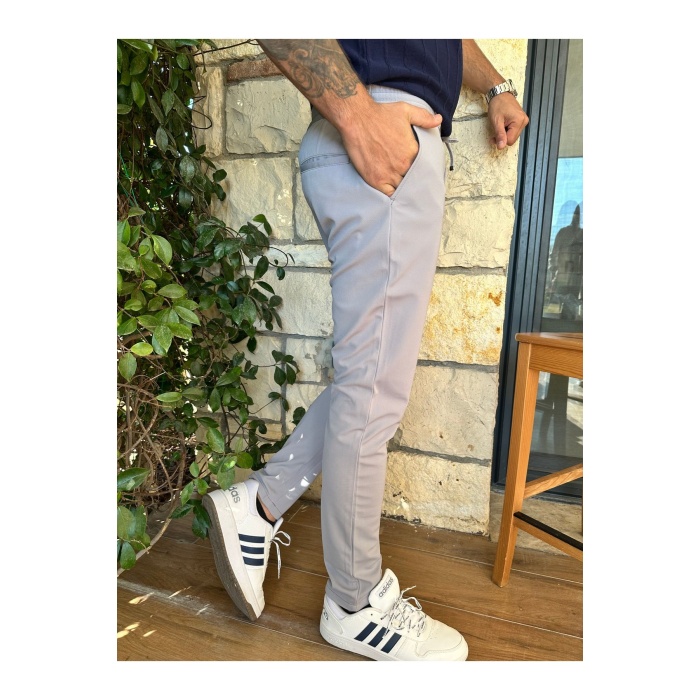Erkek Jogger Pantolon Açık Gri Italyan Kesim ,beli Kemerli Lastikli Bağcıklı Yüksek Kaliteli