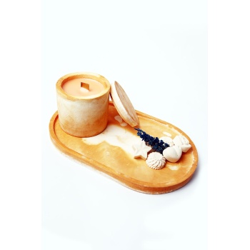 HİKWO - Turuncu Desen Beton Tasarım Kiraz Çiçeği SOYA WAX Kokulu Mum Büyük Boy Tepsili - Aksesuarlı