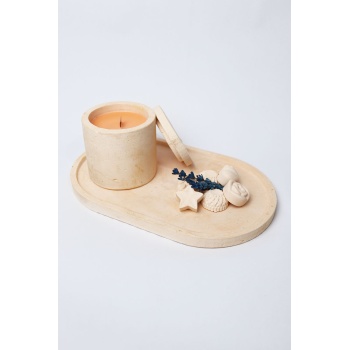 HİKWO - Beton Tasarım Kiraz Çiçeği SOYA WAX Kokulu Mum Büyük Boy Tepsili - Aksesuarlı