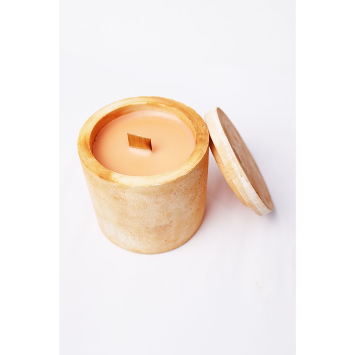 HİKWO - Turuncu Desen Beton Tasarım Kiraz Çiçeği SOYA WAX Kokulu Mum Büyük Boy Tepsili - Aksesuarlı