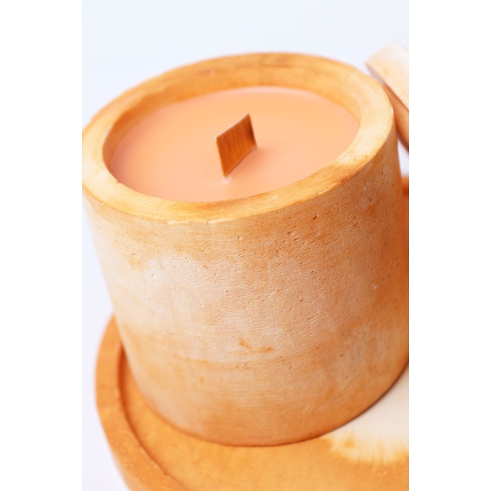HİKWO - Turuncu Desen Beton Tasarım Kiraz Çiçeği SOYA WAX Kokulu Mum Büyük Boy Tepsili - Aksesuarlı