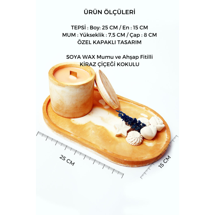 HİKWO - Turuncu Desen Beton Tasarım Kiraz Çiçeği SOYA WAX Kokulu Mum Büyük Boy Tepsili - Aksesuarlı