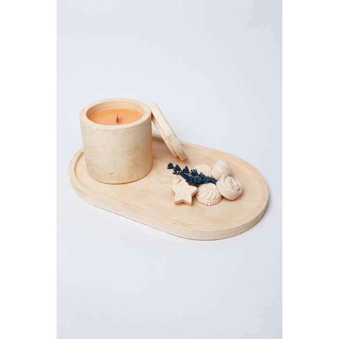 HİKWO - Beton Tasarım Kiraz Çiçeği SOYA WAX Kokulu Mum Büyük Boy Tepsili - Aksesuarlı