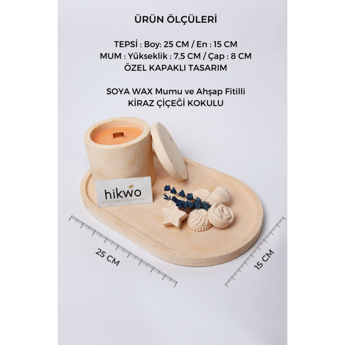 HİKWO - Beton Tasarım Kiraz Çiçeği SOYA WAX Kokulu Mum Büyük Boy Tepsili - Aksesuarlı