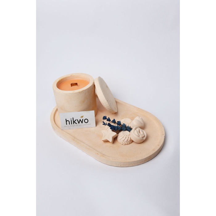 HİKWO - Beton Tasarım Kiraz Çiçeği SOYA WAX Kokulu Mum Büyük Boy Tepsili - Aksesuarlı