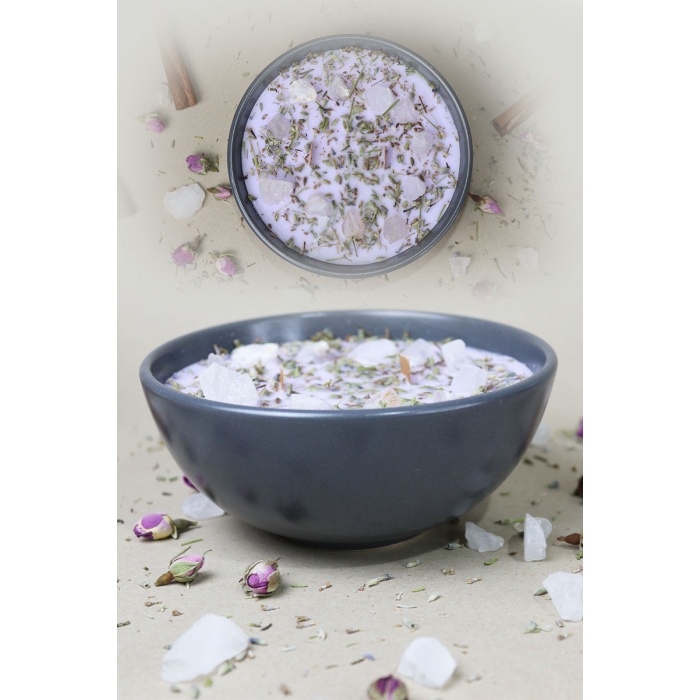 HİKWO - Soya Wax LAvantalı Kase Mum - Beyaz Kuvars Taşlı Aromaterapi Mumu
