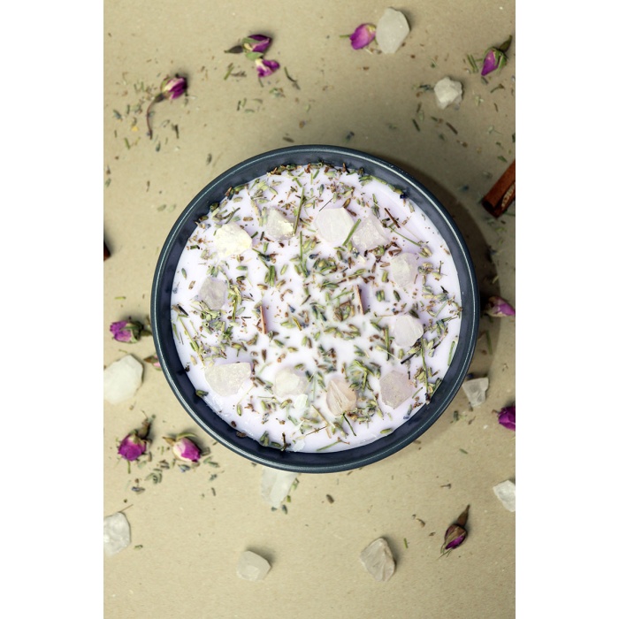 HİKWO - Soya Wax LAvantalı Kase Mum - Beyaz Kuvars Taşlı Aromaterapi Mumu