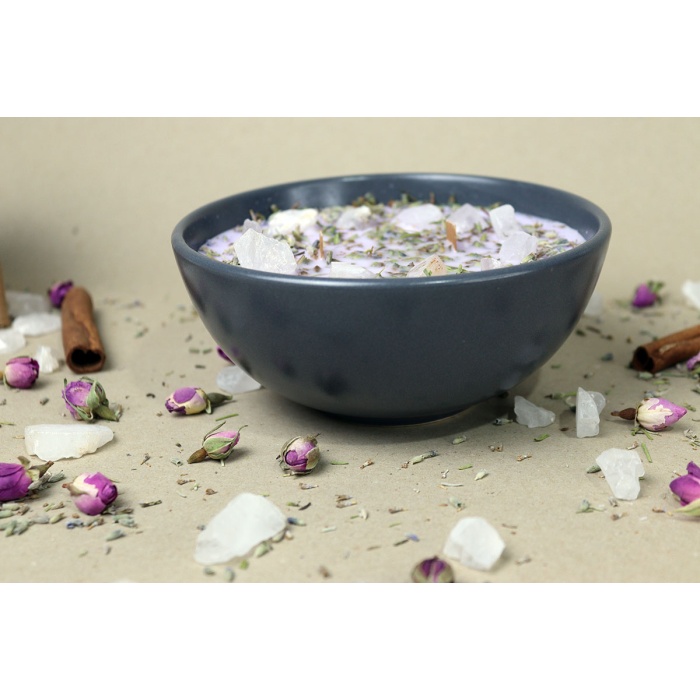 HİKWO - Soya Wax LAvantalı Kase Mum - Beyaz Kuvars Taşlı Aromaterapi Mumu
